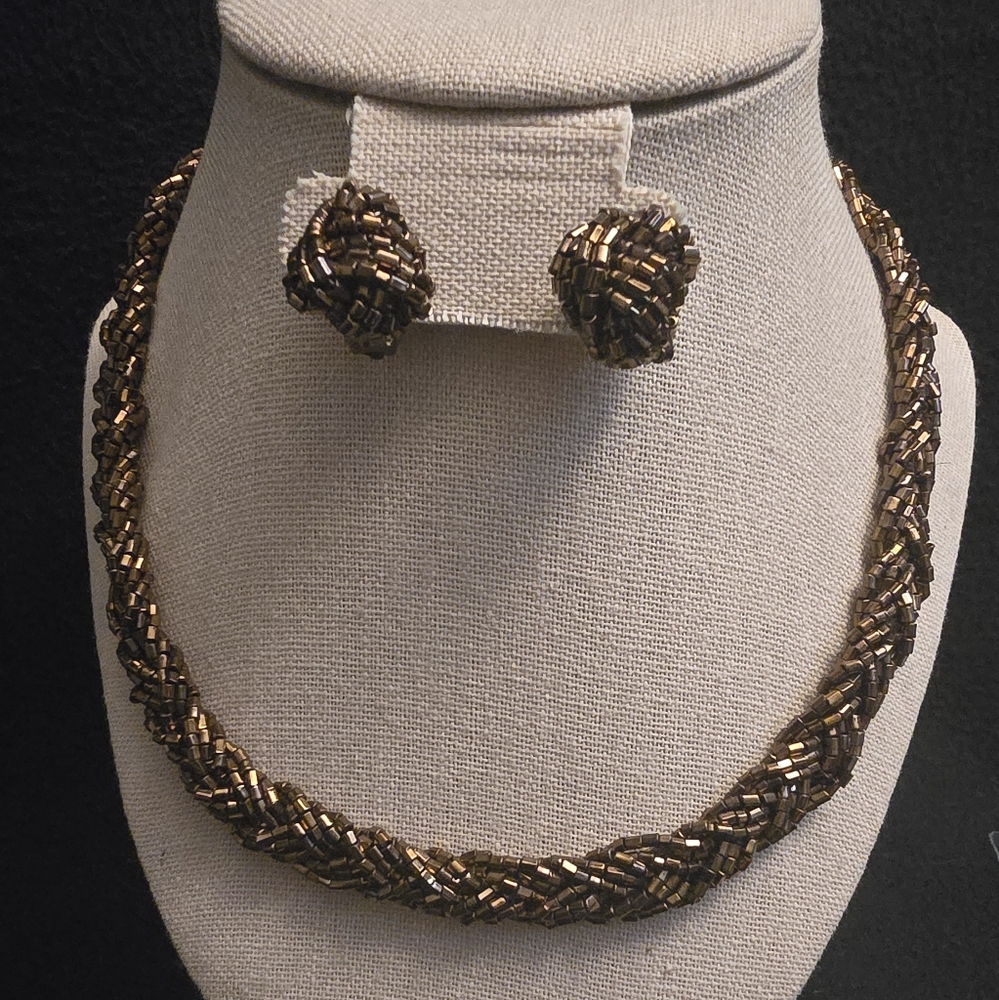 Sophisticated Braided Beaded Necklace and Earring Set